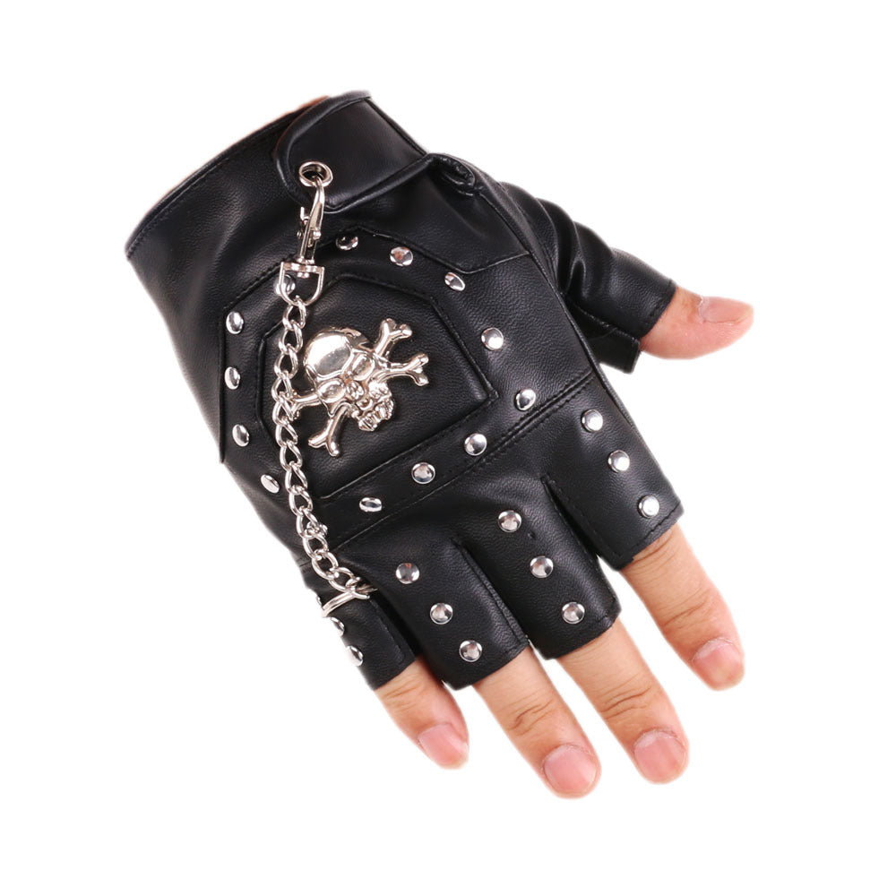 Men's Fingerless Leather Skull and Chain Gloves - Punk Rock Style