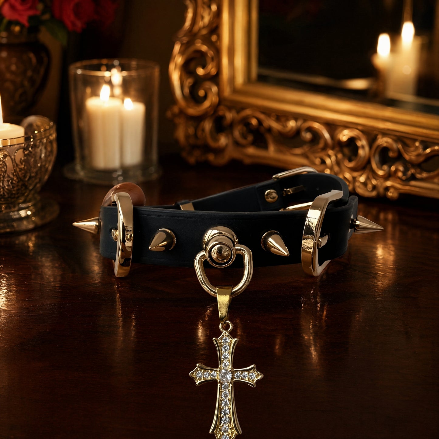 Collar Choker Gótico Negro con Cruz de Cristal y Tachuelas Doradas