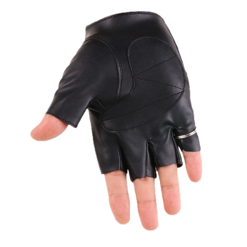 Men's Fingerless Leather Skull and Chain Gloves - Punk Rock Style