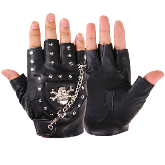 Guantes Sin Dedos de Piel para Hombre con Calavera y Cadenas - Estilo Punk Rock
