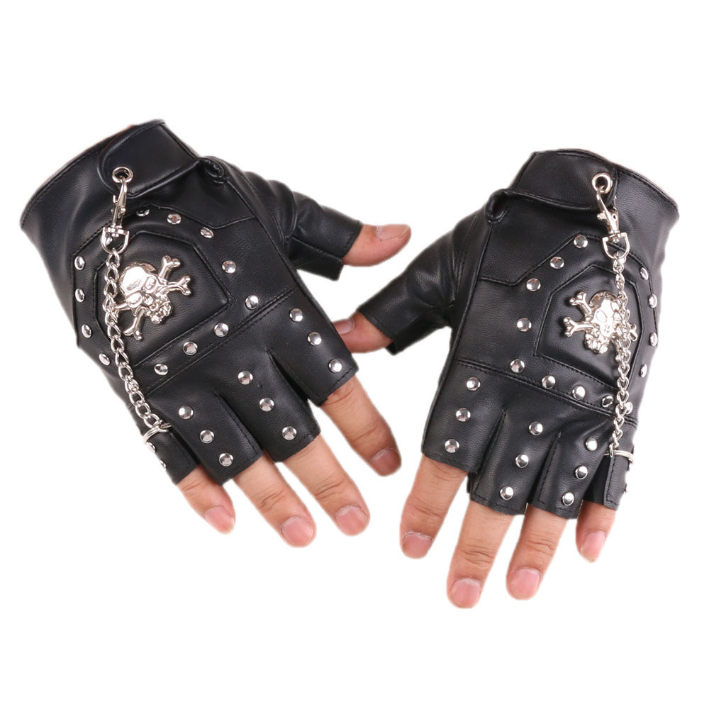 Men's Fingerless Leather Skull and Chain Gloves - Punk Rock Style