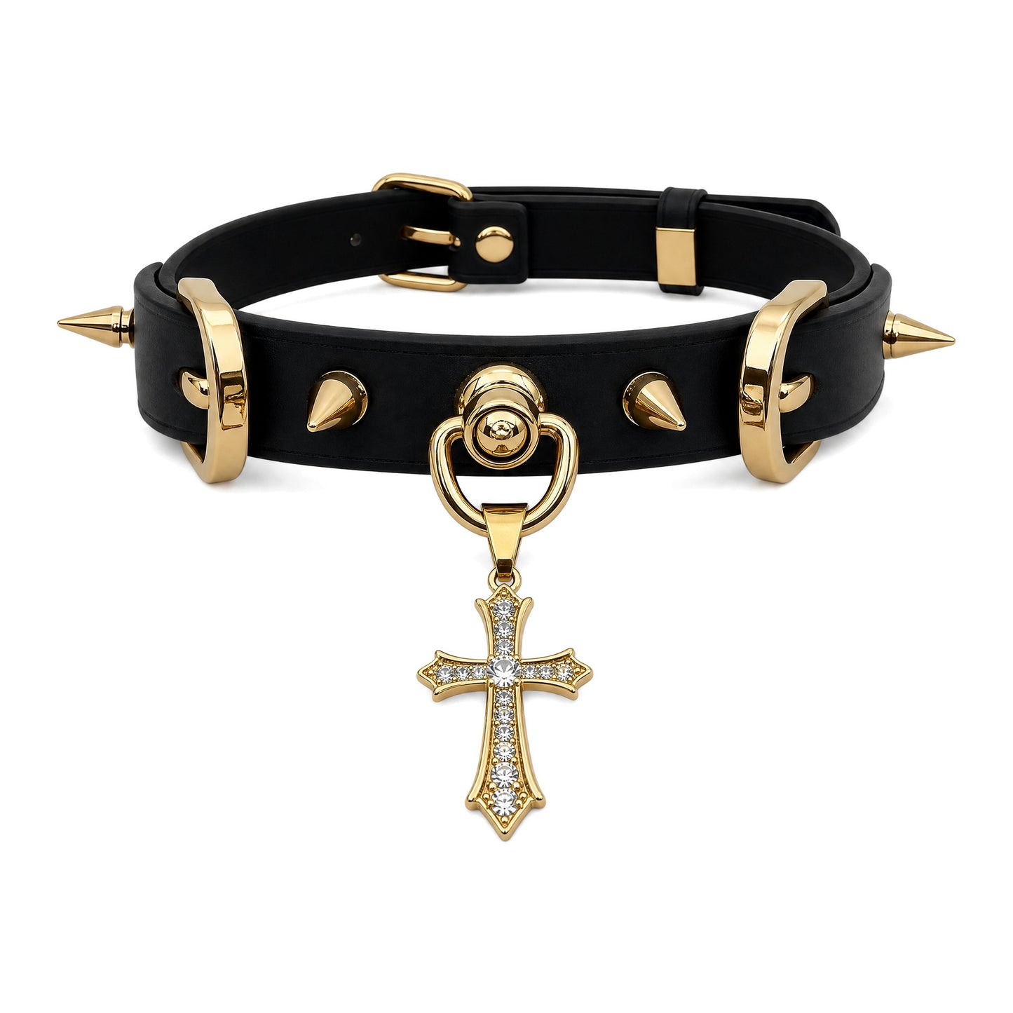 Collar Choker Gótico Negro con Cruz de Cristal y Tachuelas Doradas