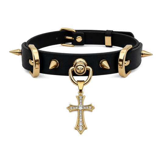 Collar Choker Gótico Negro con Cruz de Cristal y Tachuelas Doradas