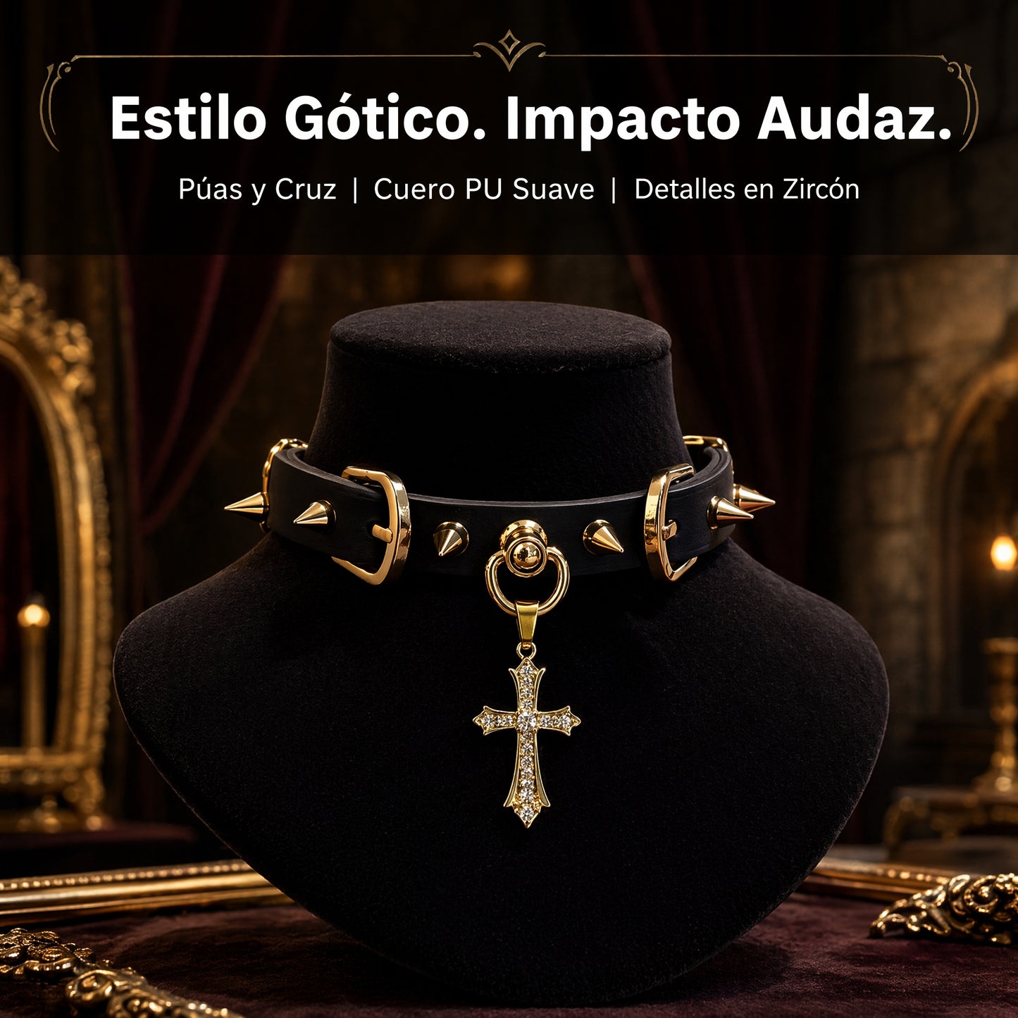 Collar Choker Gótico Negro con Cruz de Cristal y Tachuelas Doradas