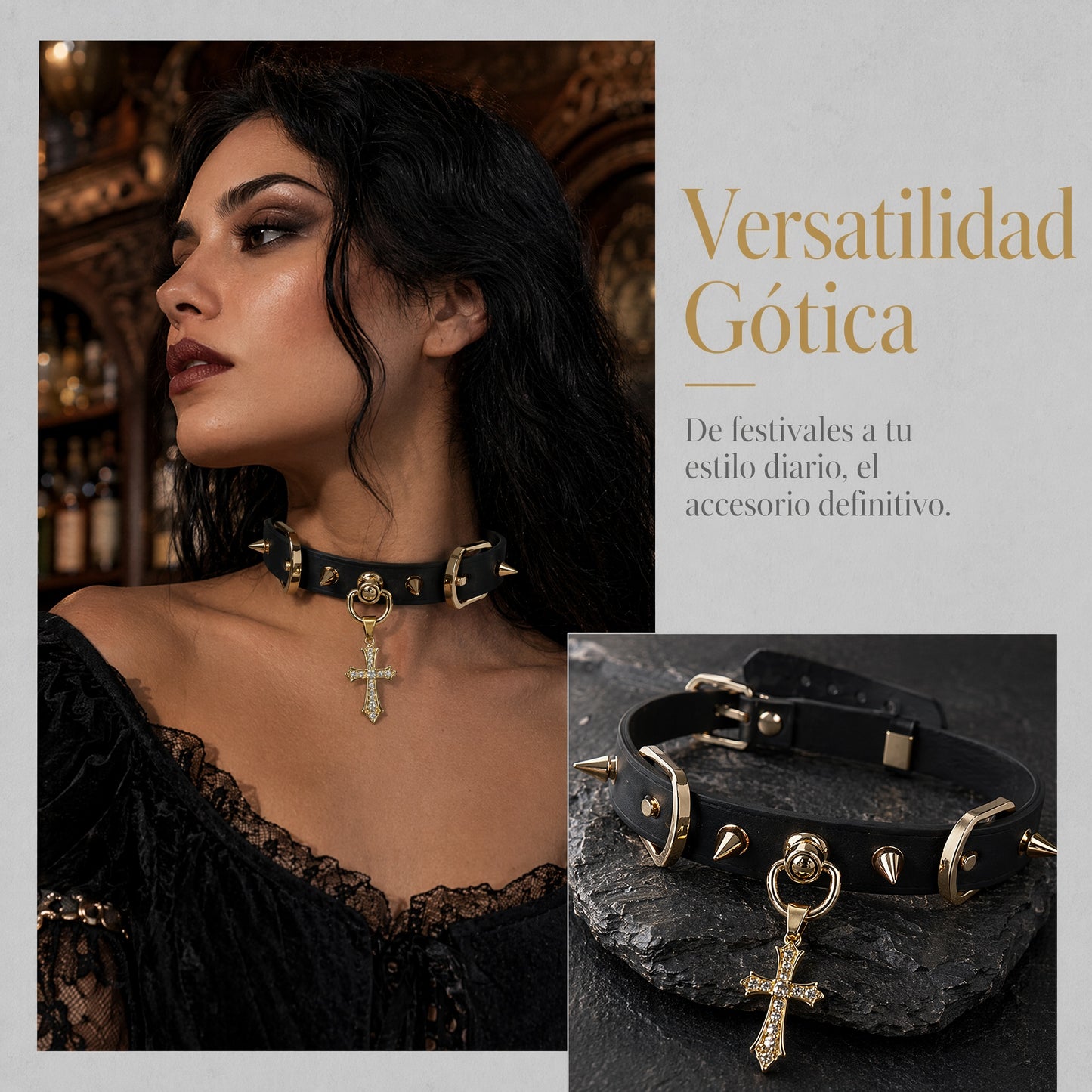 Collar Choker Gótico Negro con Cruz de Cristal y Tachuelas Doradas