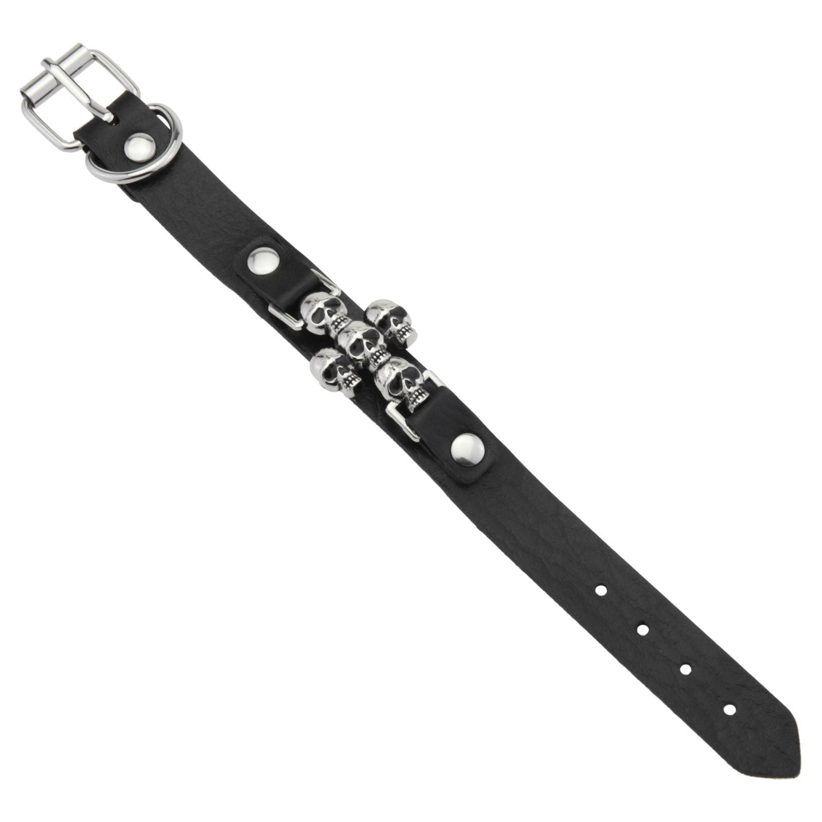 Vista plana del brazalete extendido mostrando la correa de piel PU y el diseño de calaveras.