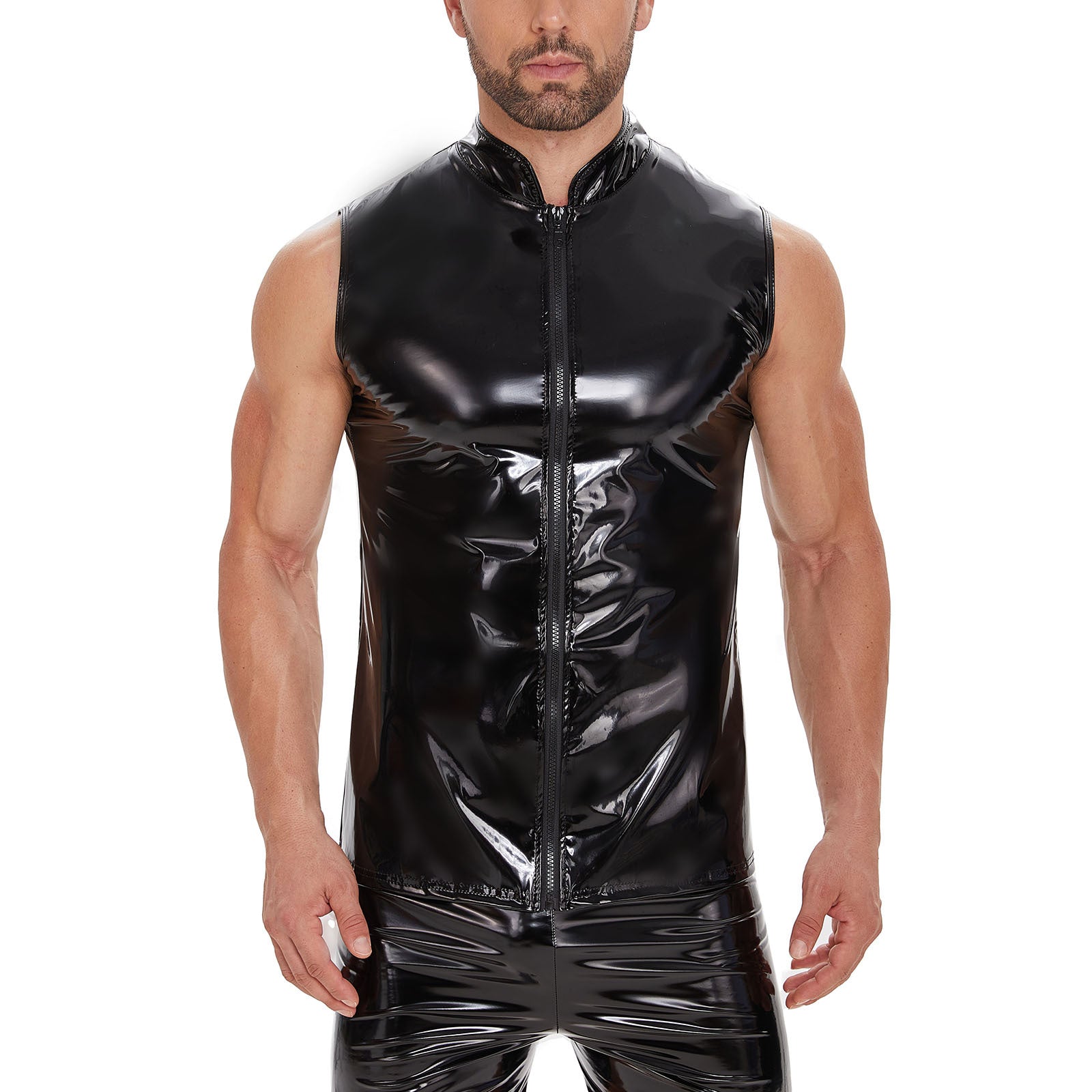 Vista frontal de un chaleco de piel brillante efecto espejo para hombre con diseño slim fit.