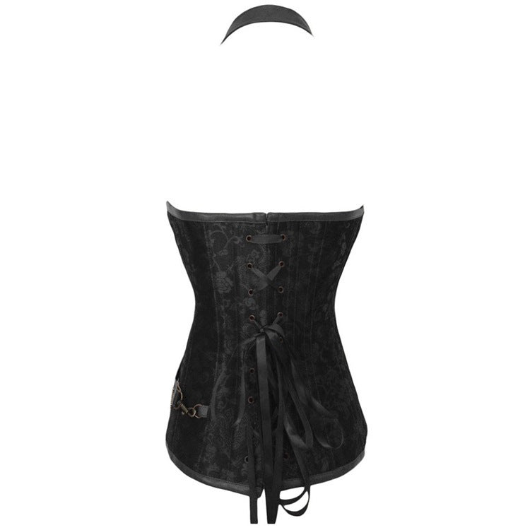 Vista trasera del corset ajustable con cintas y 14 varillas de acero para moldear.