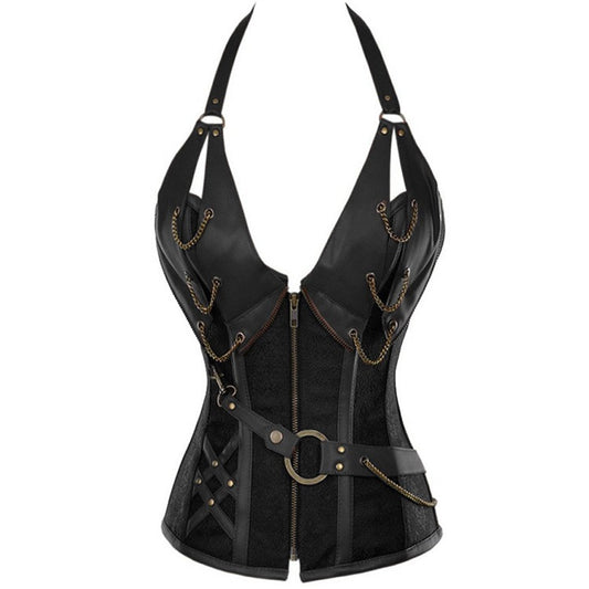 Corset bustier steampunk con cuello halter, cadenas de bronce y efecto piel negra.