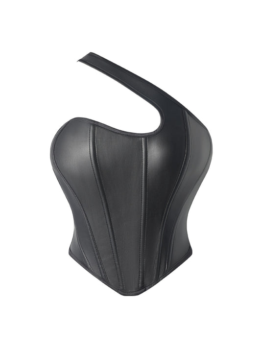 Corset de un hombro para mujer en piel sintética color negro con diseño asimétrico.
