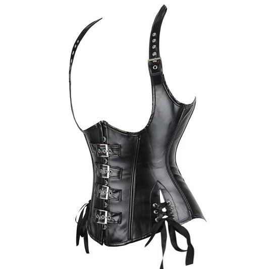Vista de perfil del corset halter mostrando el ajuste lateral y la silueta.