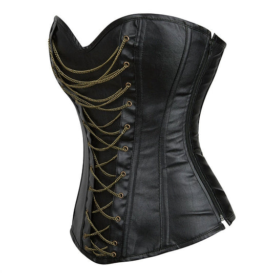 Vista lateral de corset vintage efecto cuero mostrando el diseño de cadenas metálicas.