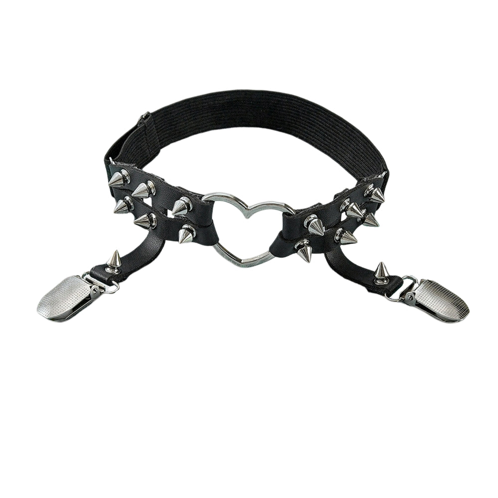 Liga para pierna negra con corazón metálico central, picos plateados y clips para medias.
