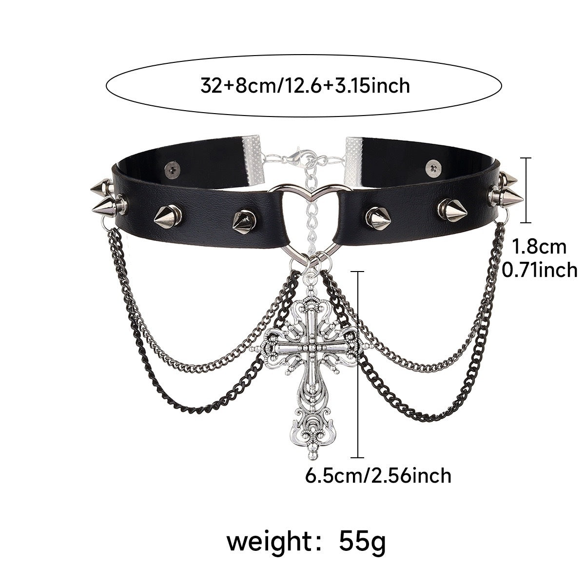 Diagrama de medidas del choker de cruz: ajuste de 32 a 40 cm y detalle de dimensiones.