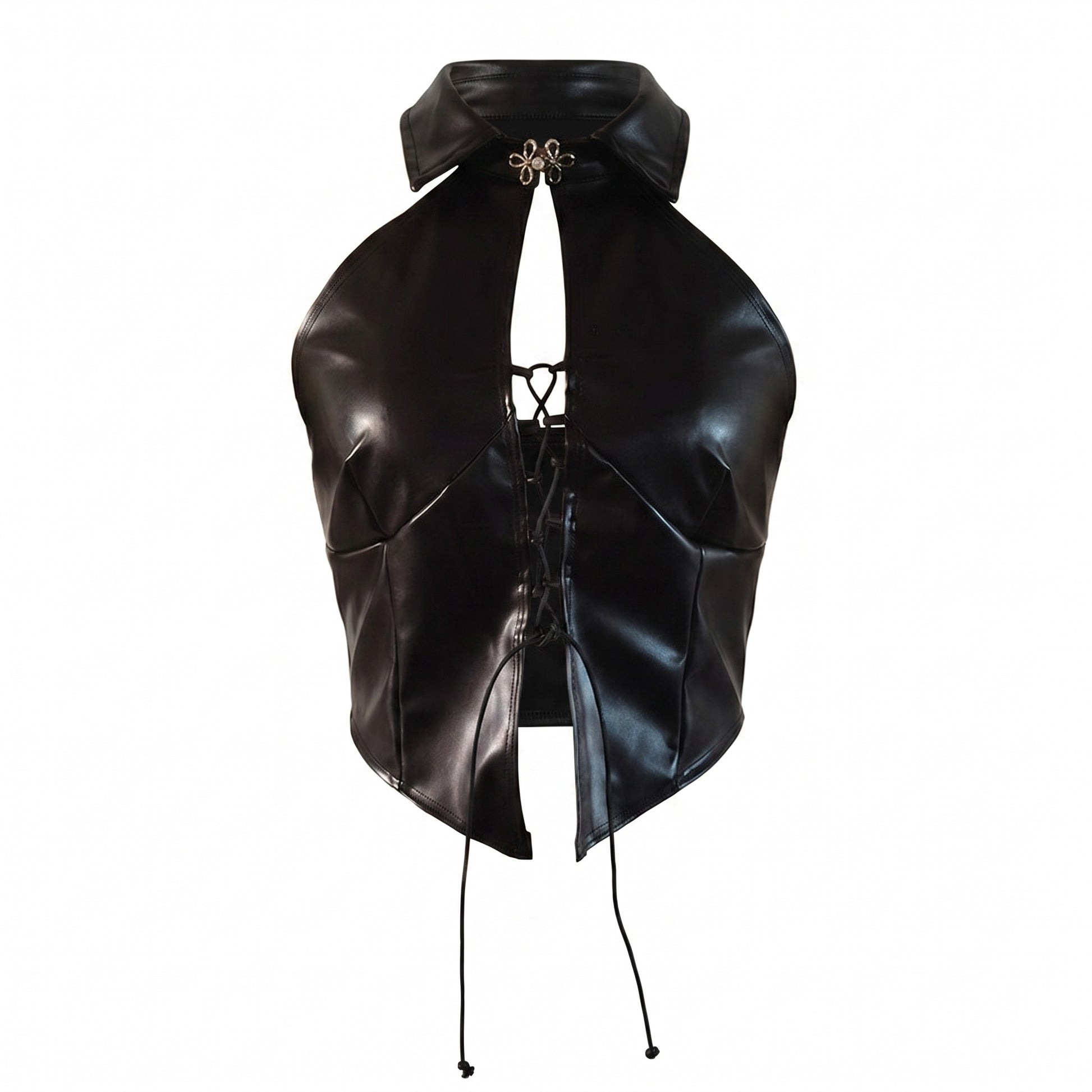 Top halter de piel sintética negra con cuello y cordones frontales.