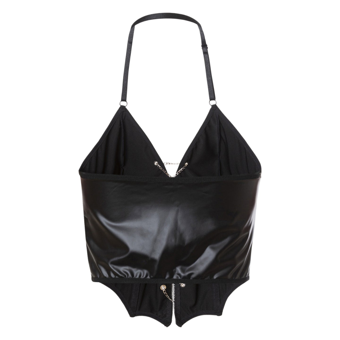 Vista posterior del corset halter de piel sintética con corte asimétrico en la base.